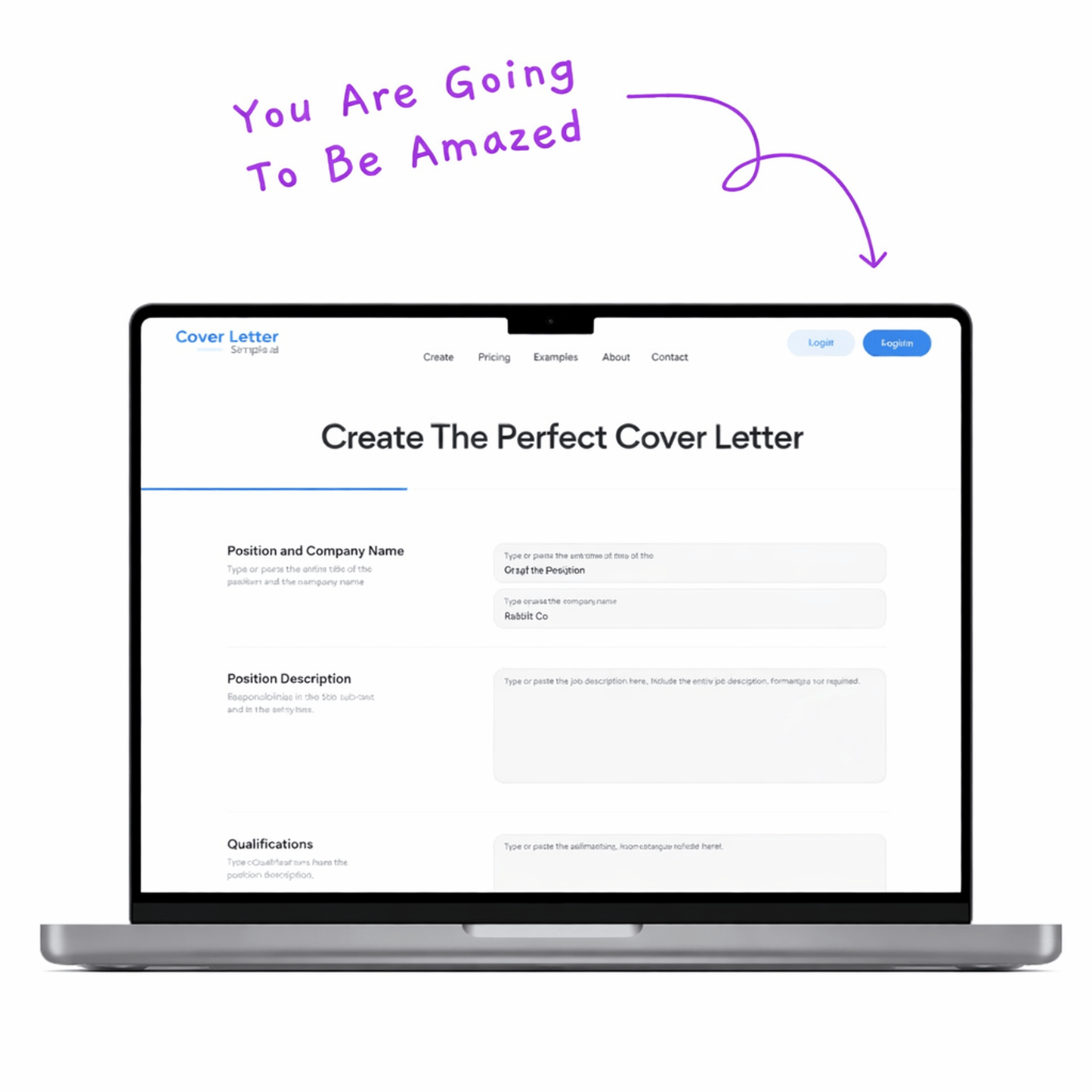 Laptop displaying a cover letter creation tool with text 'You Are Going To Be Amazed' above.