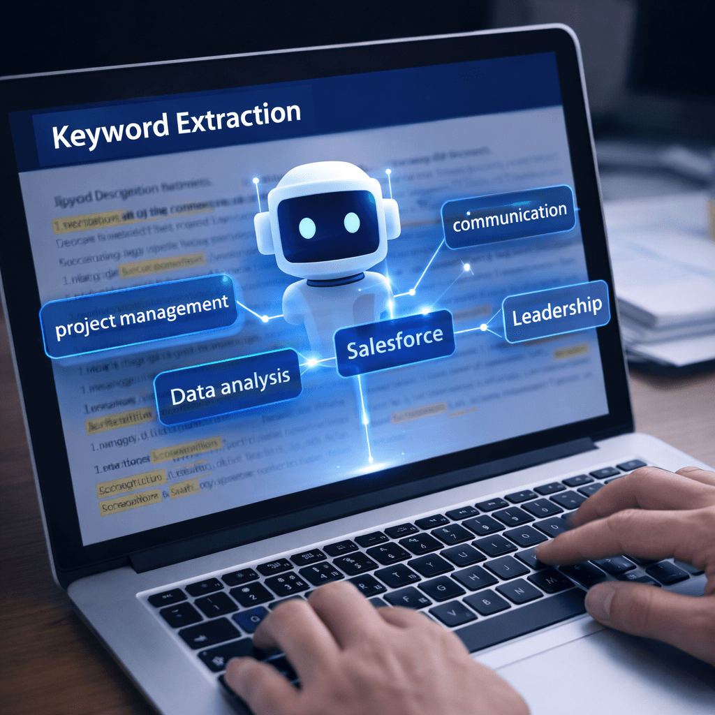 Visual representation of an AI job description keyword extractor that analyzes role requirements and identifies critical ATS-optimized skills, keywords, and competencies for accurate resume matching and hiring efficiency.
