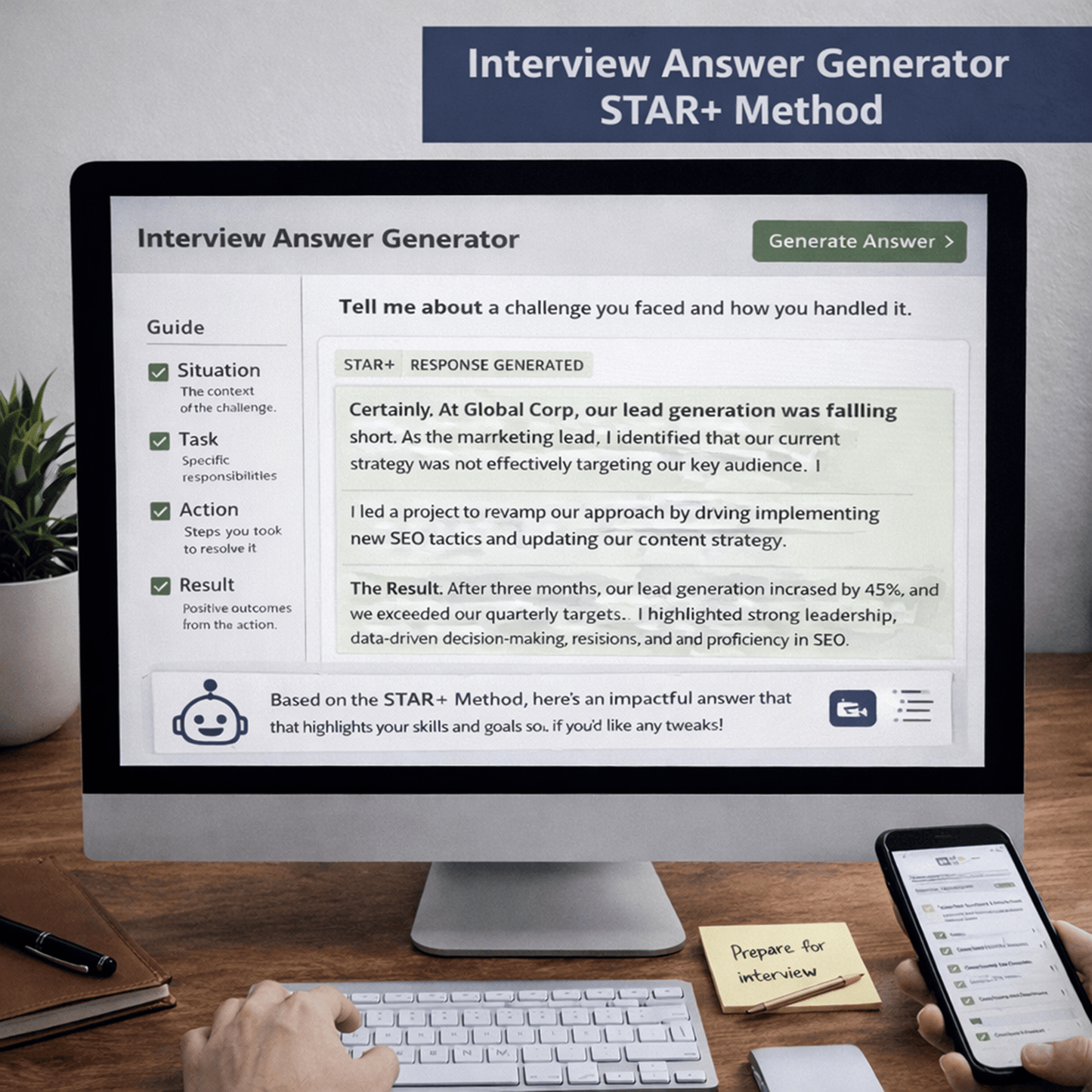 Computer screen displaying an 'Interview Answer Generator' using the STAR+ method on a desk.