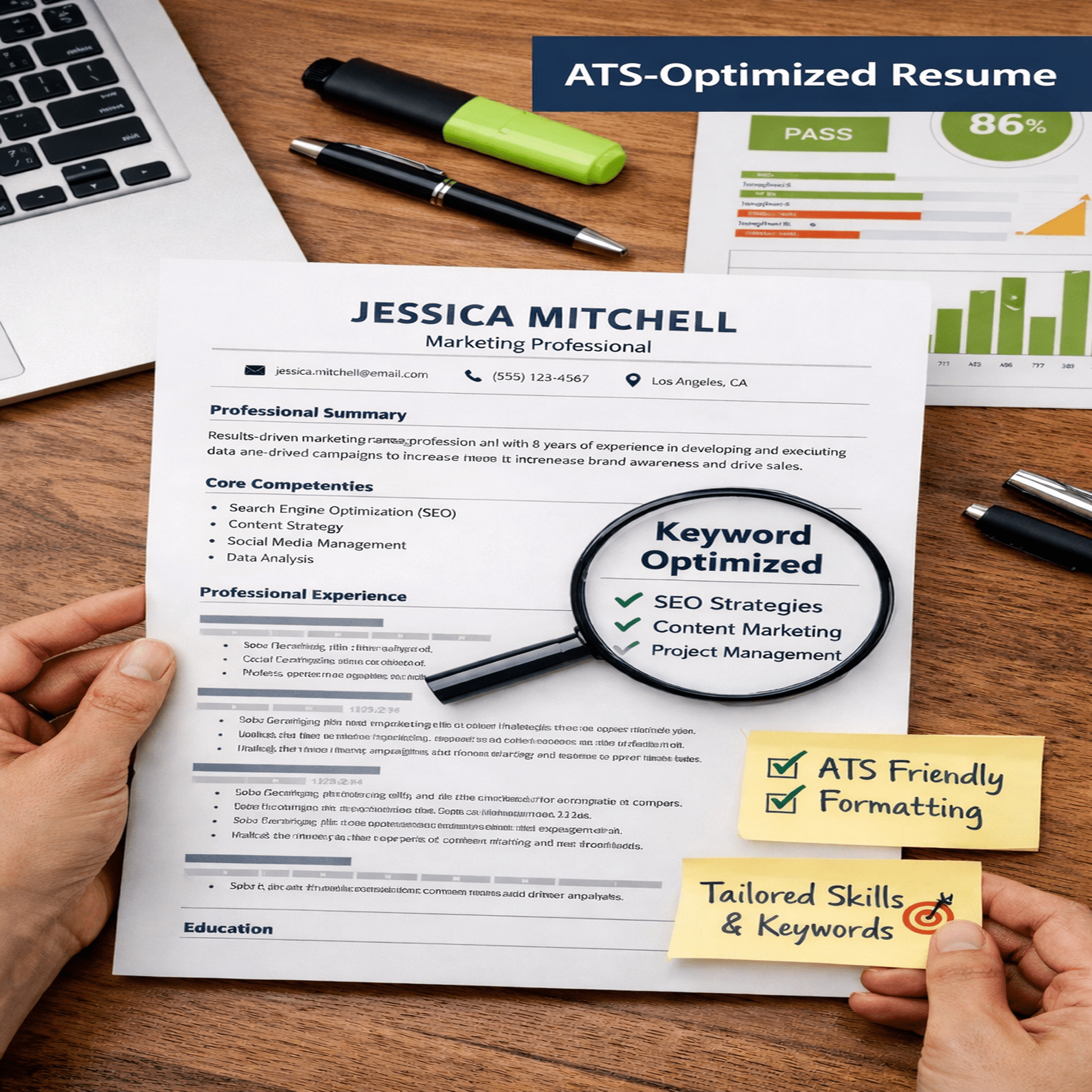 Resume with 'ATS-Optimized Resume' text, held by hands on a wooden desk with office supplies.