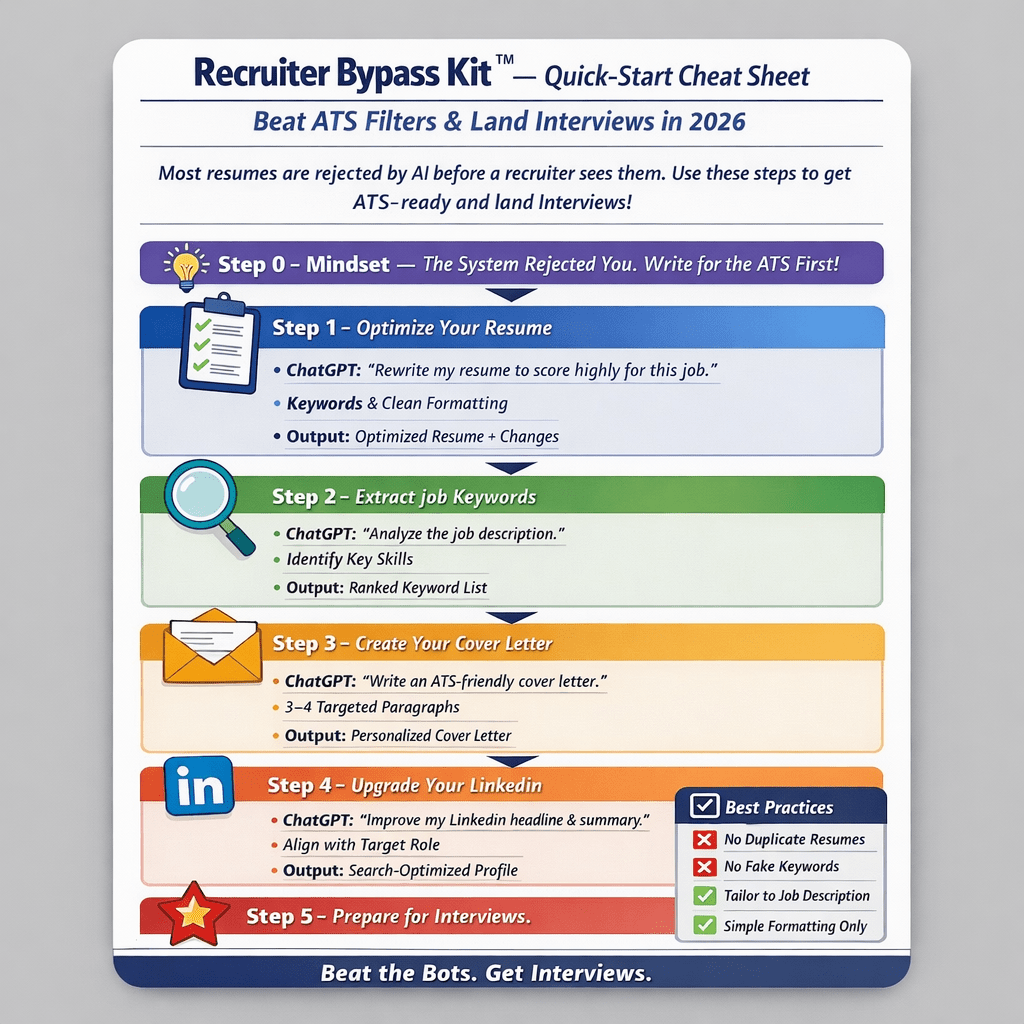 Quick-start cheat sheet for recruiters to beat ATS filters and land interviews, displayed on a gray background.