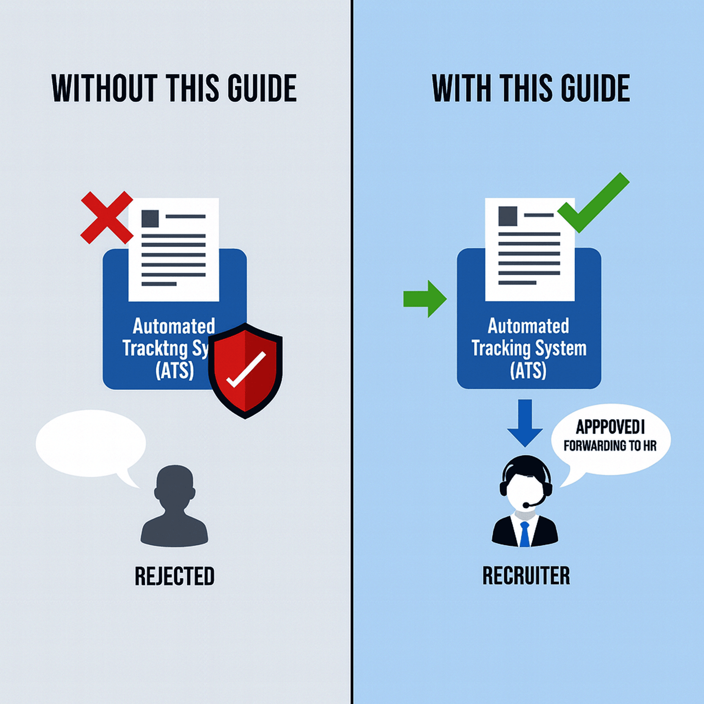 Comparison of automated tracking system (ATS) with and without a guide, showing rejection and approval processes.